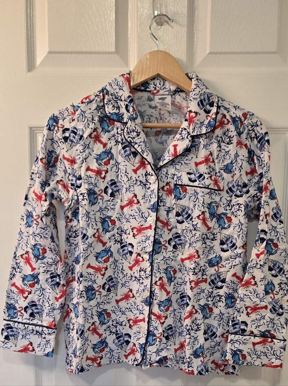 Lands' End White Pajama Top with Blue and Red Nautical Sketches